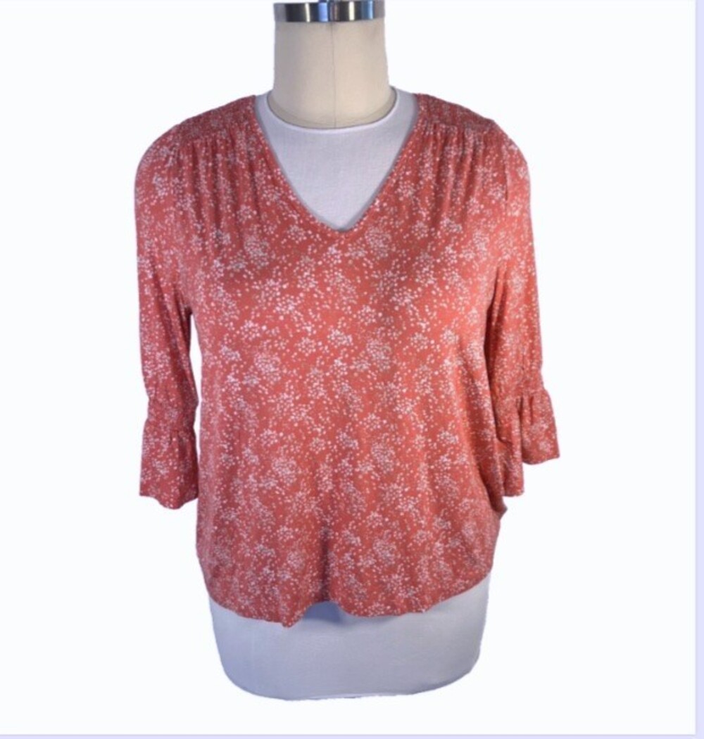 Style & Co Blouse Women's XL 3/4 Bell Sleeve V-Neck Abstract Speck Print Flared